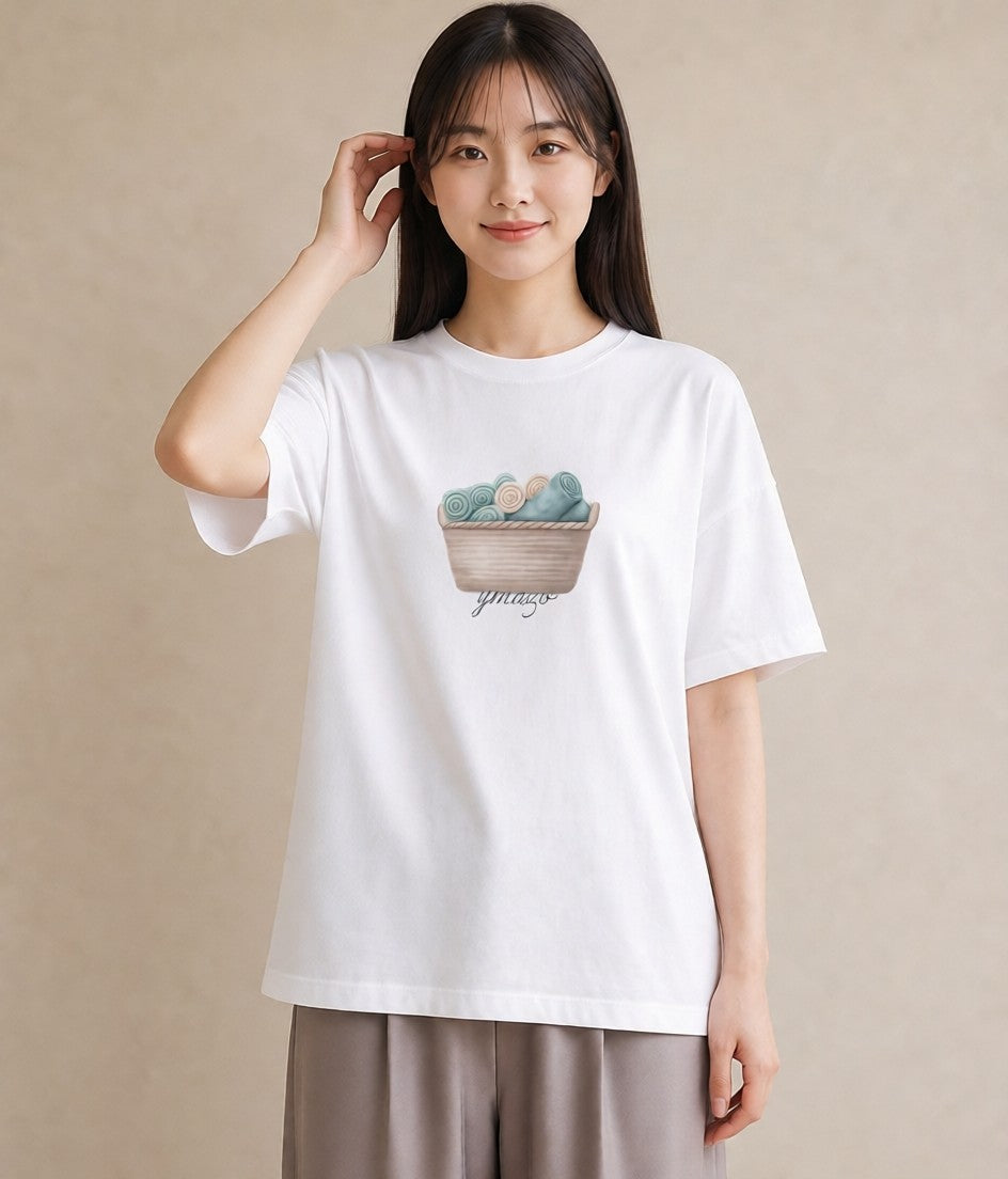 Tシャツ レディース 自転車のかご 自転車 花かご ナチュラル アンティーク イラスト 個性的 週末コーデ 敬老の日 白T YMAZO