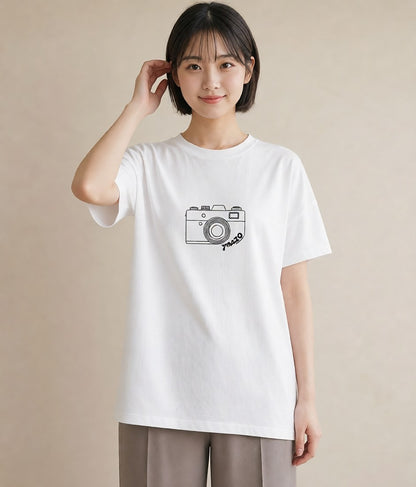 デザインTシャツ レディース カメラ フィルムカメラ レトロカメラ イラスト シンプル 自分用 ルームウェア 白T YMAZO