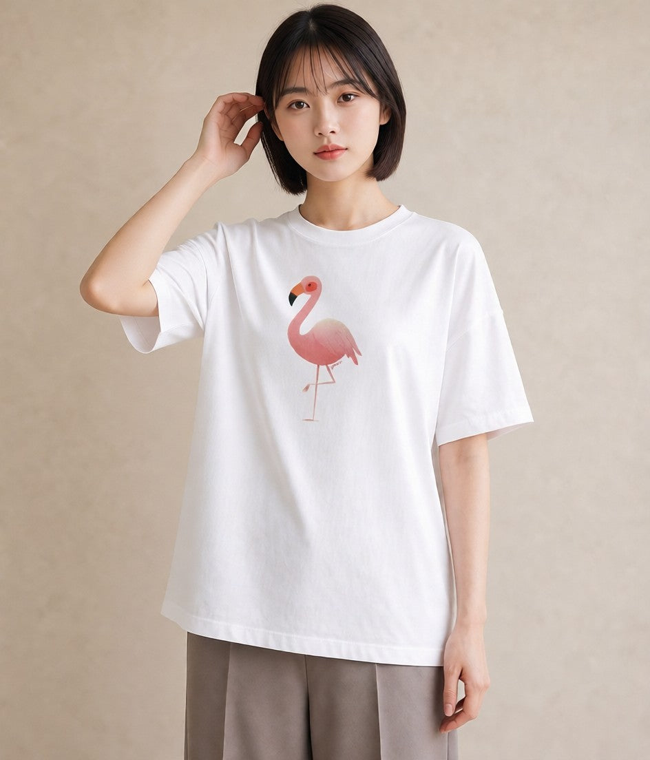 グラフィックTシャツ レディース フラミンゴ 動物 アニマル イラスト ヴィンテージ風 ホワイトデー 春服 白T YMAZO