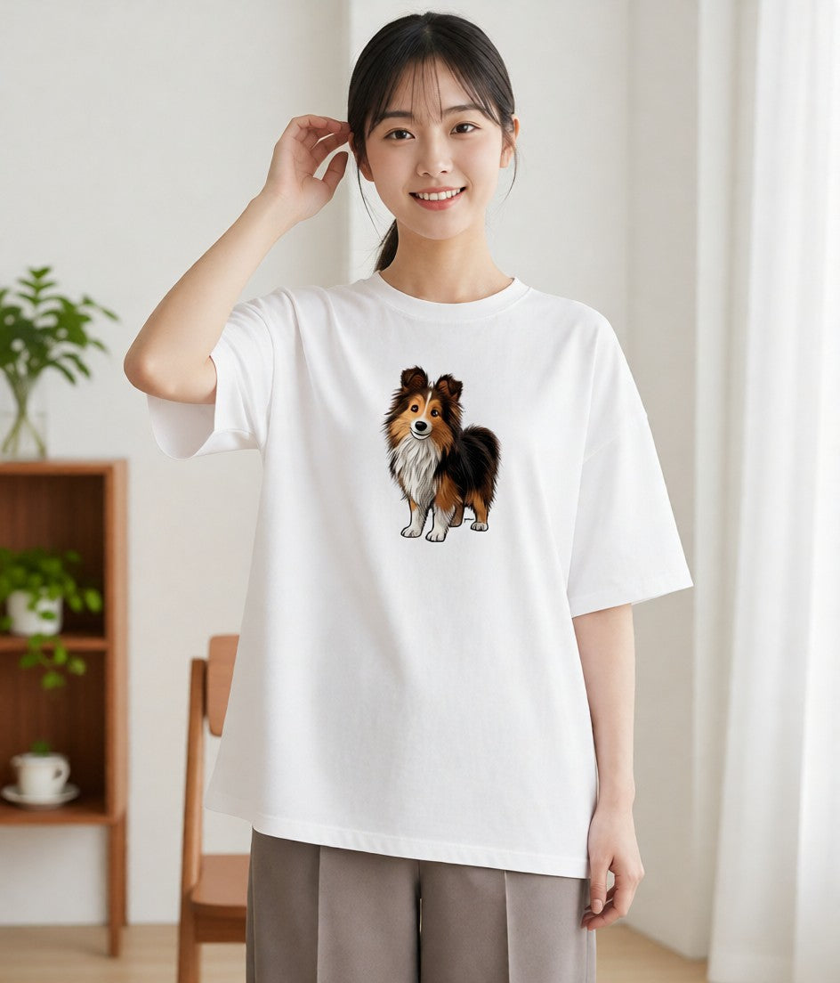 Tシャツ レディース シェットランドシープドッグ 犬 いぬ イラスト 可愛い 公園 ママ 白T YMAZO