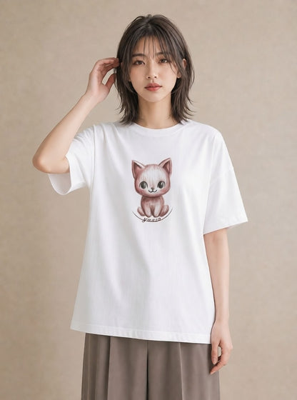 半袖Tシャツ レディース ニャンコ 猫 ねこ イラスト 個性的 デート 帰省 白T YMAZO