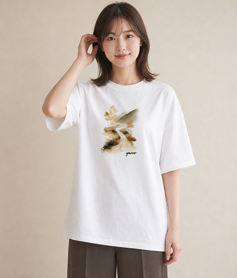 Tシャツ レディース 小川 橋 せせらぎ ナチュラル アンティーク イラスト きれいめカジュアル 部屋着 女性向けギフト 白T YMAZO