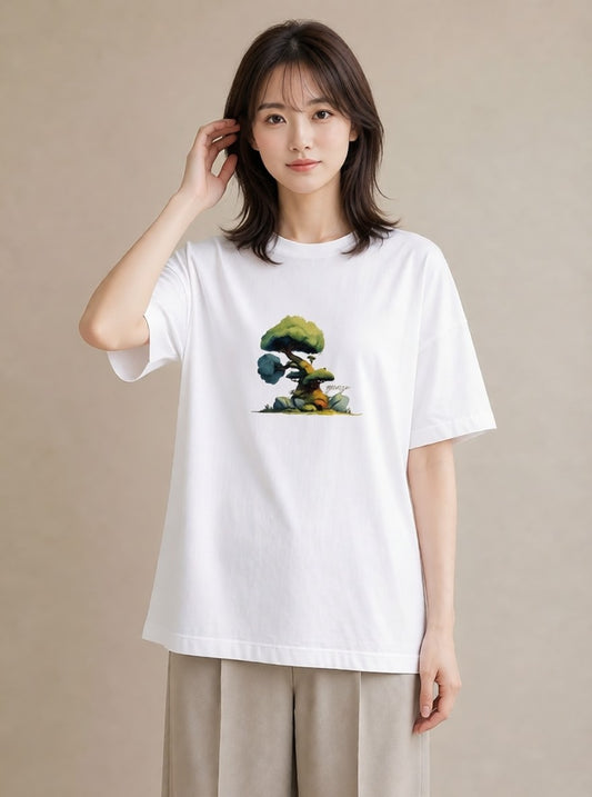 プリントTシャツ レディース 盆栽 植物 ボタニカル イラスト ゆるかわ カジュアルコーデ 買い物 白T YMAZO