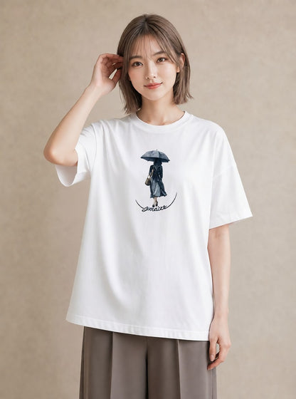 デザインTシャツ レディース 傘 水たまり 雨 ナチュラル アンティーク イラスト きれいめカジュアル ビーチ デイリーウェア 白T YMAZO