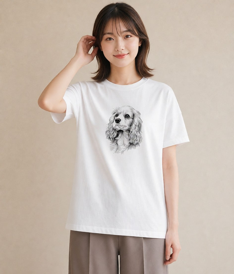 プリントTシャツ レディース キャバリア 犬 いぬ イラスト ボタニカル 女性向けギフト 散歩 白T YMAZO
