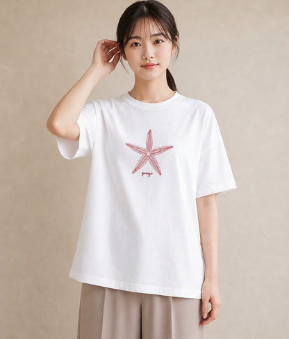 プリントTシャツ レディース ヒトデ 海の生き物 海 イラスト カフェコーデ レイヤード 友達ギフト 白T YMAZO