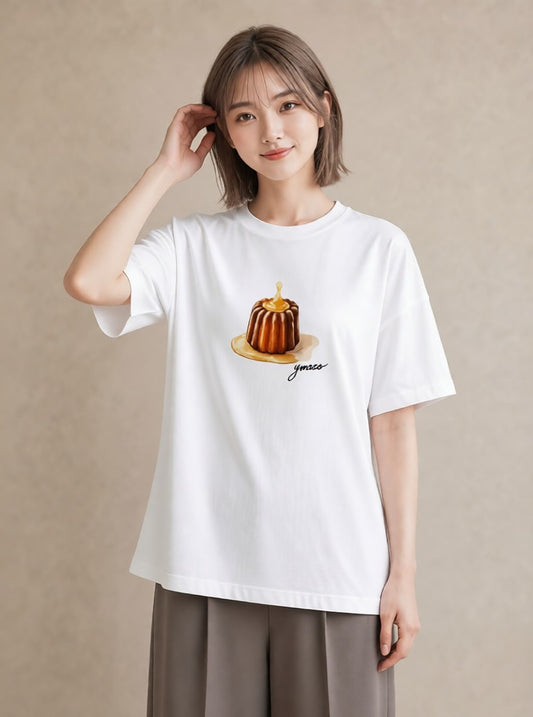 半袖Tシャツ レディース プリン 食べ物 フード イラスト シック 帰省 ラフ 白T YMAZO