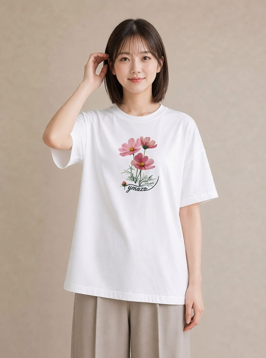Tシャツ レディース コスモス 秋桜 花 花柄 イラスト 旅行コーデ 秋コーデ おしゃれギフト 白T YMAZO