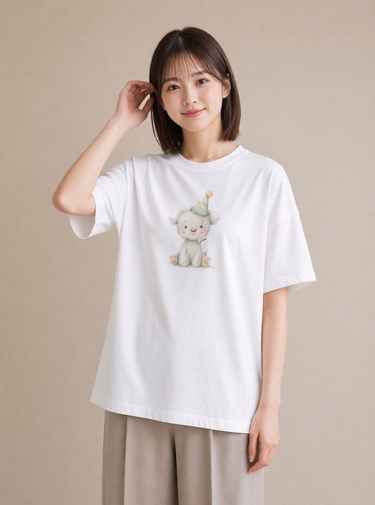 グラフィックTシャツ レディース 子犬 犬 いぬ イラスト きれいめカジュアル 自分用 ルームウェア 白T YMAZO