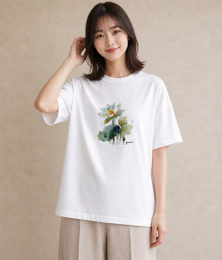 半袖Tシャツ レディース 蓮 花 花柄 イラスト 普段使い ホワイトデー 春服 白T YMAZO