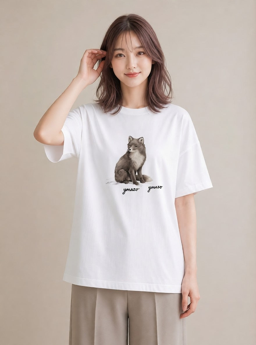 プリントTシャツ レディース きつね 動物 アニマル イラスト ナチュラル 送別ギフト 通勤 白T YMAZO
