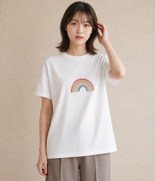 Tシャツ レディース 虹 星空 宇宙 イラスト 韓国風 在宅 公園 白T YMAZO