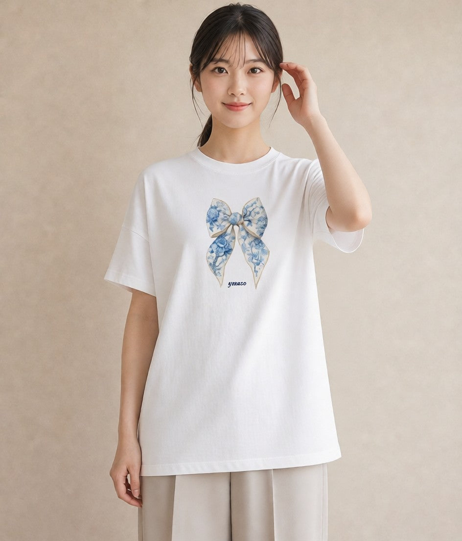 半袖Tシャツ レディース レースハンカチ レース ハンカチ ナチュラル アンティーク イラスト シンプル 海 カフェ巡り 白T YMAZO