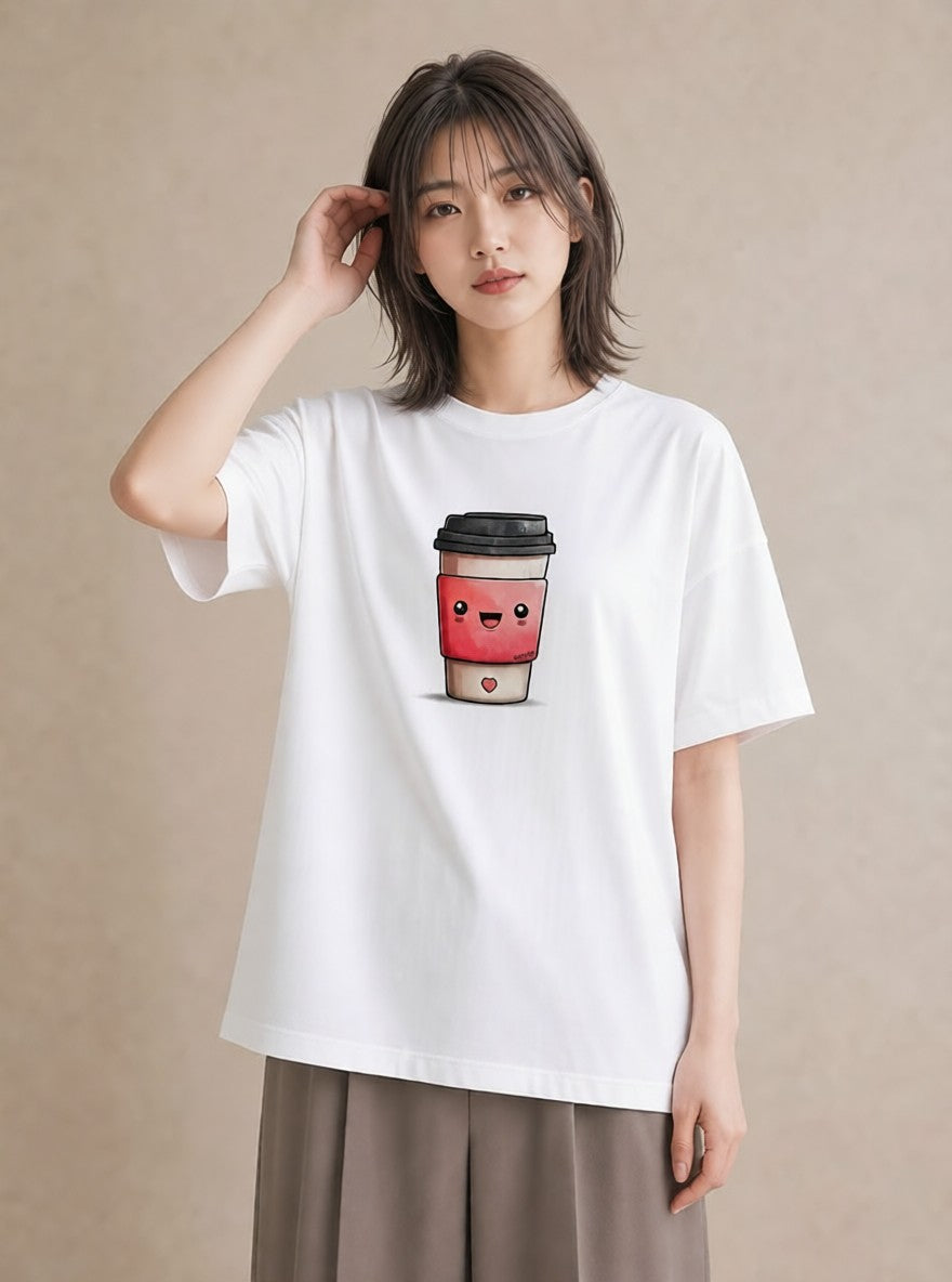 デザインTシャツ レディース カフェラテ 食べ物 フード イラスト 水彩風 親子 20代 白T YMAZO