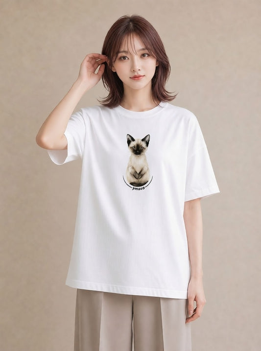 プリントTシャツ レディース 白猫 猫 ねこ イラスト 手描き風 女性 旅行用 白T YMAZO