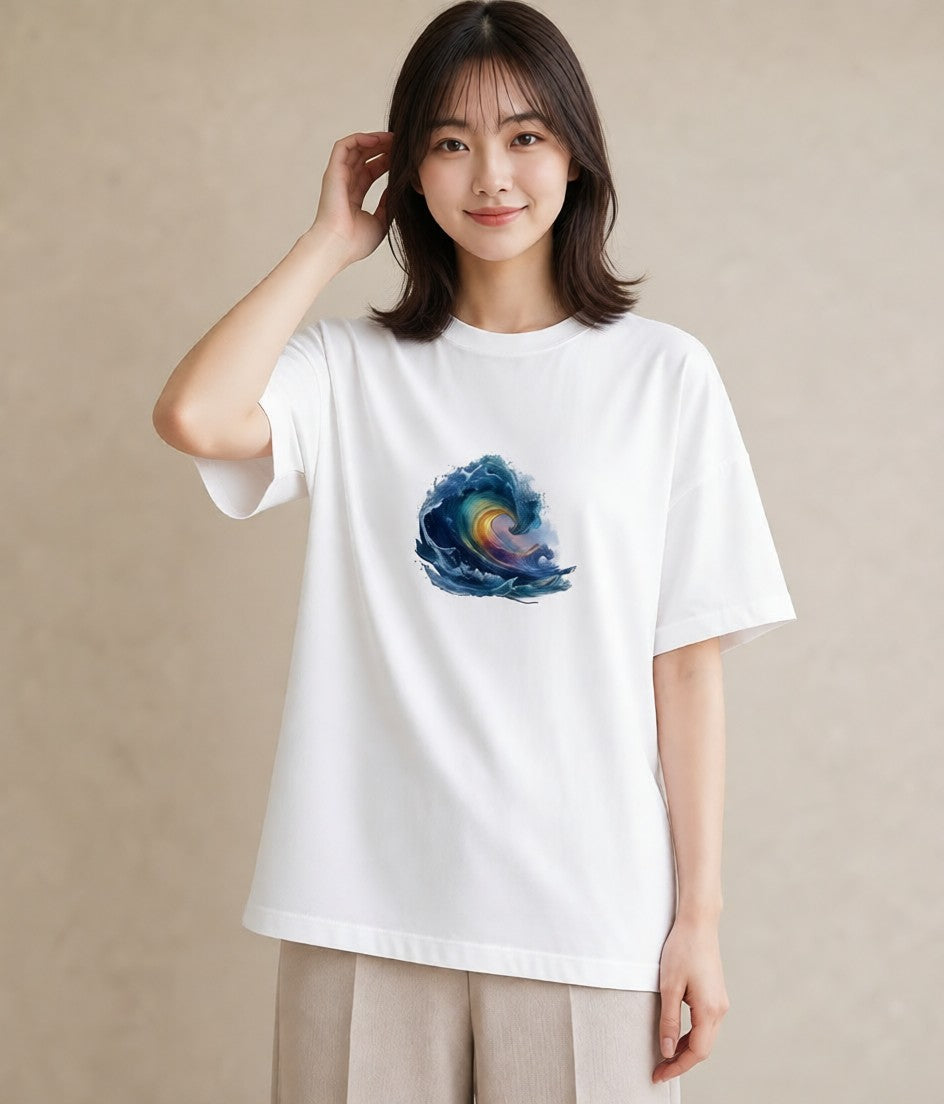 Tシャツ レディース 波 星空 宇宙 イラスト ミニマル 女性 旅行用 白T YMAZO