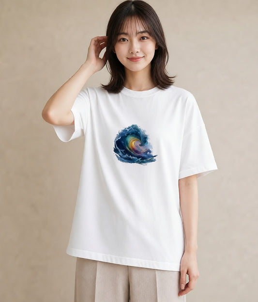 Tシャツ レディース 波 星空 宇宙 イラスト ミニマル 女性 旅行用 白T YMAZO