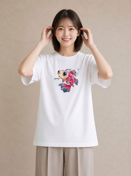 半袖Tシャツ レディース メダカ ペット 動物 イラスト 抜け感 カジュアルコーデ 買い物 白T YMAZO