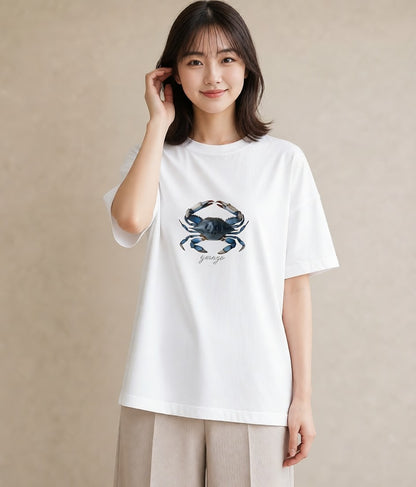 グラフィックTシャツ レディース カニ 海の生き物 海 イラスト きれいめカジュアル 母娘コーデ 自分用 白T YMAZO