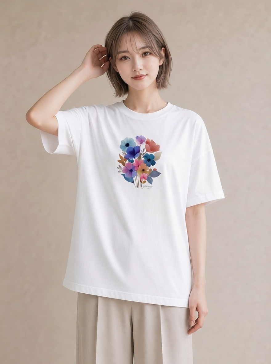 プリントTシャツ レディース あさがお 朝顔 花 花柄 イラスト ユニーク お出かけ 普段着 白T YMAZO
