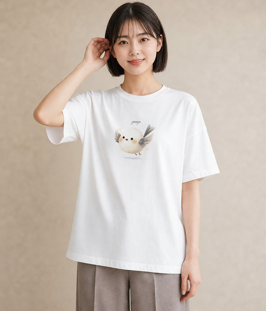 デザインTシャツ レディース 小鳥 ペット 動物 イラスト レトロ 海 カフェ巡り 白T YMAZO