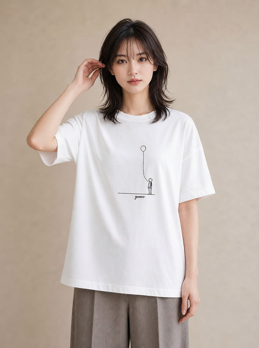 デザインTシャツ レディース 紙風船 和紙 ナチュラル アンティーク イラスト 韓国風 ラフ レイヤード 白T YMAZO