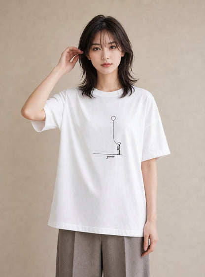 デザインTシャツ レディース 紙風船 和紙 ナチュラル アンティーク イラスト 韓国風 ラフ レイヤード 白T YMAZO