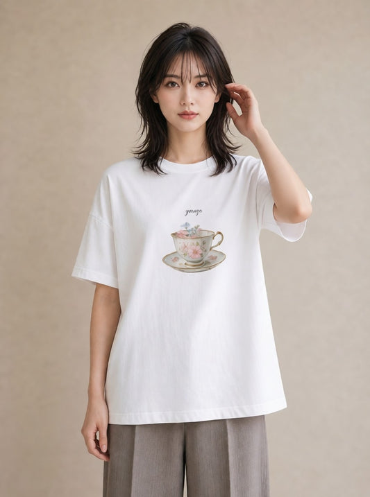 グラフィックTシャツ レディース ハーブティー 食べ物 フード イラスト ガーリー ペアコーデ 秋コーデ 白T YMAZO