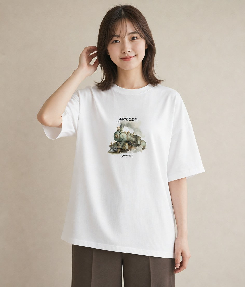 プリントTシャツ レディース 駅のホーム ローカル線 駅 ナチュラル アンティーク イラスト 個性的 お揃い 親子 白T YMAZO