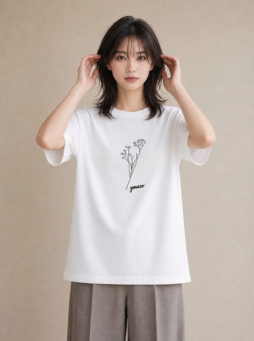 半袖Tシャツ レディース 小花 花 フラワー イラスト ポップ ミセス 春コーデ 白T YMAZO