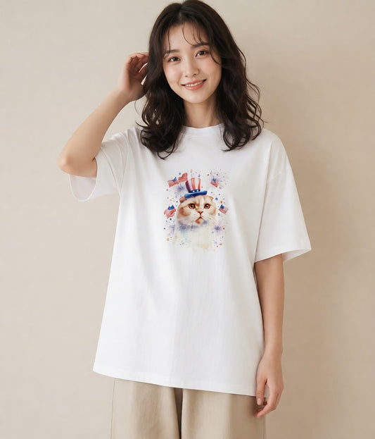 半袖Tシャツ レディース エキゾチックショートヘア 猫 ねこ イラスト レトロ 散歩 お出かけ 白T YMAZO
