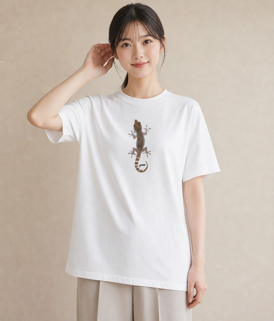 Tシャツ レディース ヤモリ ペット 動物 イラスト きれいめカジュアル ラフ レイヤード 白T YMAZO