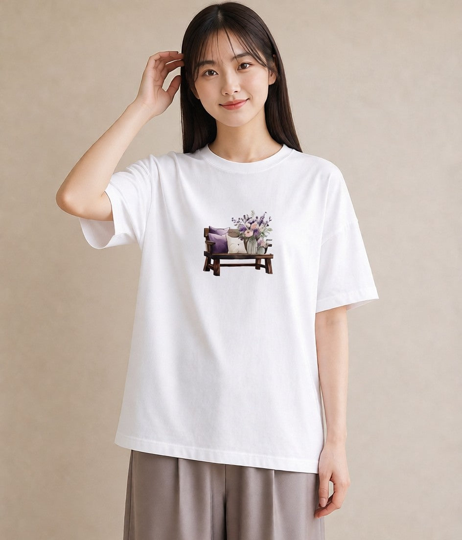 Tシャツ レディース 雨上がりのベンチ ベンチ ナチュラル アンティーク イラスト ミニマル 自分用 ルームウェア 白T YMAZO