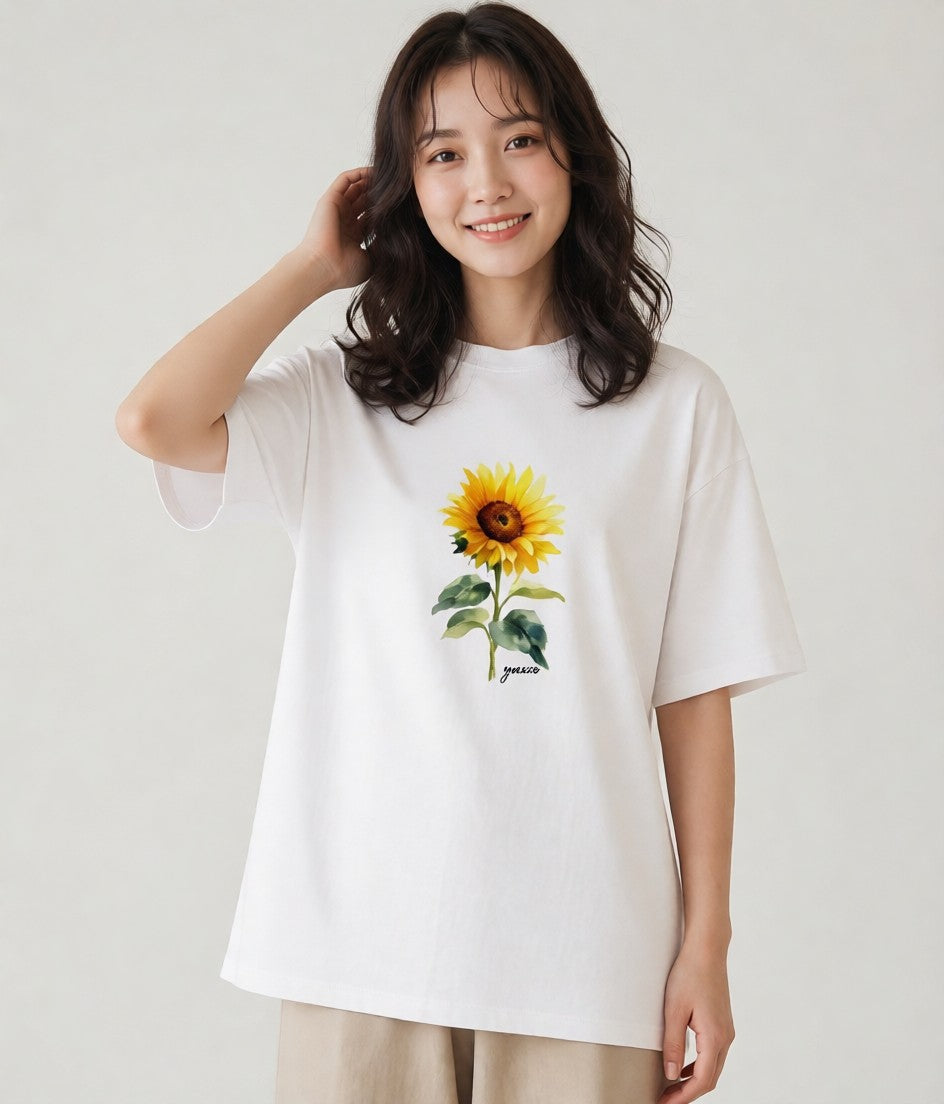デザインTシャツ レディース ひまわり 向日葵 花 花柄 イラスト ゆるかわ 誕生日プレゼント 綿100 白T YMAZO