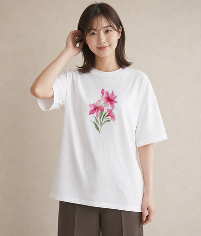 半袖Tシャツ レディース 彼岸花 花 花柄 イラスト こなれ感 週末コーデ 敬老の日 白T
