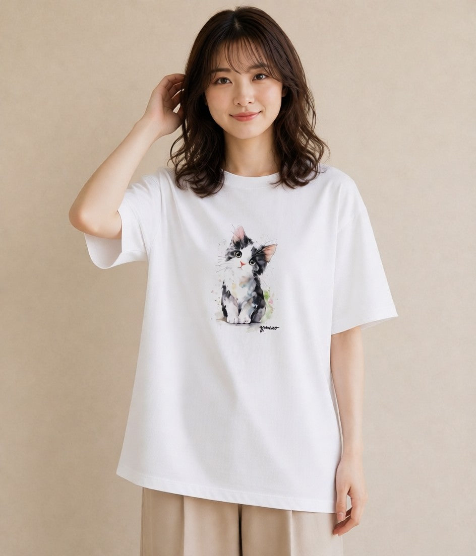 半袖Tシャツ レディース 三毛猫 みけねこ 三毛 猫 ねこ イラスト フェミニン 散歩 お出かけ 白T YMAZO