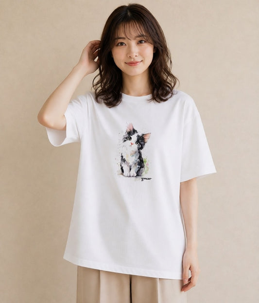 半袖Tシャツ レディース 三毛猫 みけねこ 三毛 猫 ねこ イラスト フェミニン 散歩 お出かけ 白T YMAZO