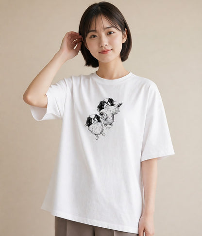 プリントTシャツ レディース 狆 犬 いぬ イラスト きれいめ 買い物 夏コーデ 白T YMAZO
