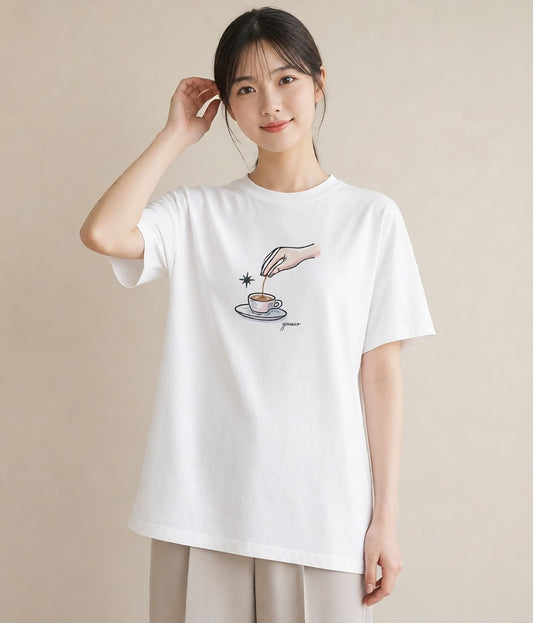 プリントTシャツ レディース コーヒー カフェ 珈琲 イラスト 北欧風 普段着 週末コーデ 白T YMAZO