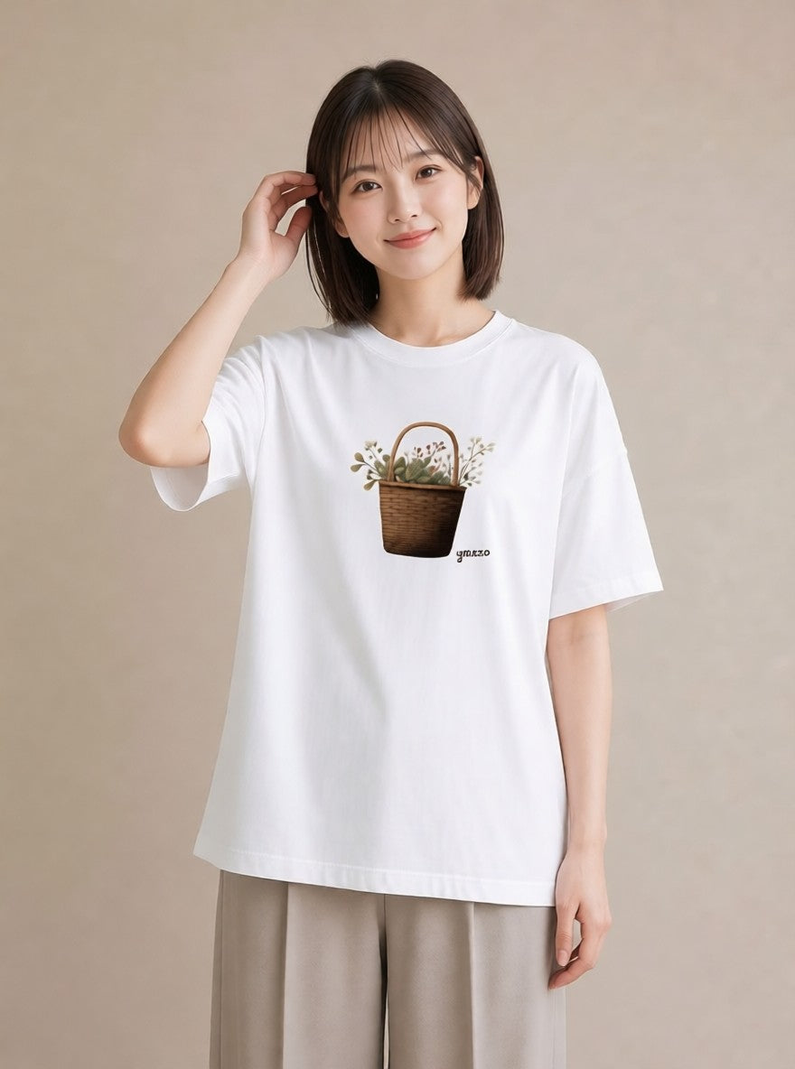 プリントTシャツ レディース 自転車のかご 自転車 花かご ナチュラル アンティーク イラスト 社会人 女性 白T YMAZO