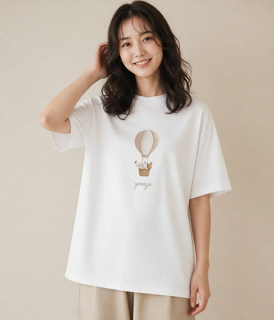 半袖Tシャツ レディース 紙風船 和紙 ナチュラル アンティーク イラスト 個性的 自分用 ルームウェア 白T YMAZO