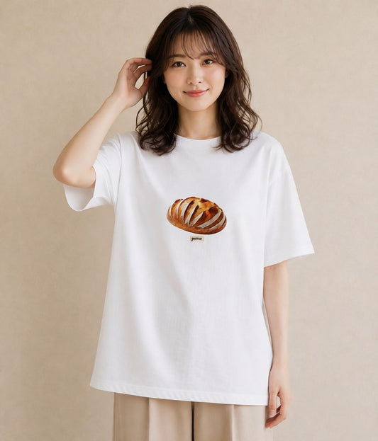 プリントTシャツ レディース パン 食べ物 フード イラスト 線画 通勤 在宅 白T YMAZO