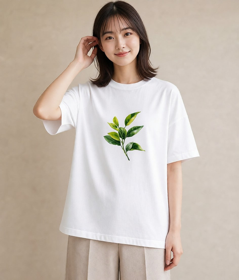 半袖Tシャツ レディース 葉っぱ 植物 ボタニカル イラスト 水彩風 秋コーデ おしゃれギフト 白T YMAZO