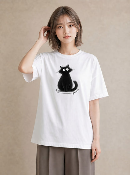 デザインTシャツ レディース 黒猫 猫 ねこ イラスト きれいめカジュアル 自分用 ルームウェア 白T YMAZO