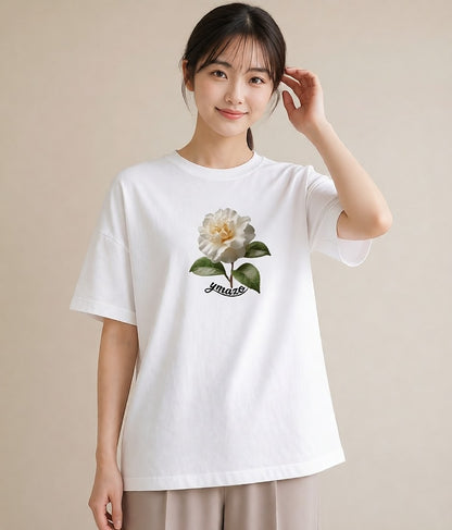 半袖Tシャツ レディース 椿 花 花柄 イラスト ミニマル デイリーウェア 休日 白T