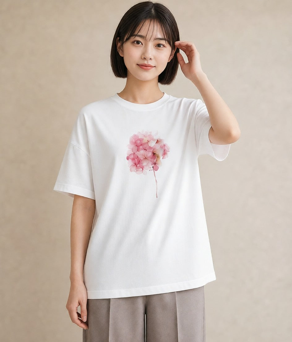 半袖Tシャツ レディース あじさい 紫陽花 アジサイ 花 花柄 イラスト 抜け感 誕生日プレゼント 綿100 白T