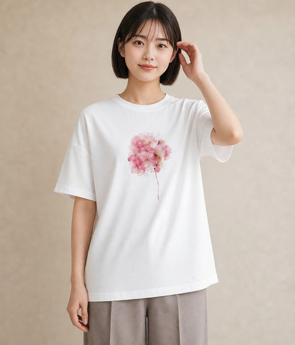 半袖Tシャツ レディース あじさい 紫陽花 アジサイ 花 花柄 イラスト 抜け感 誕生日プレゼント 綿100 白T