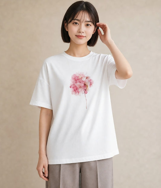半袖Tシャツ レディース あじさい 紫陽花 アジサイ 花 花柄 イラスト 抜け感 誕生日プレゼント 綿100 白T YMAZO