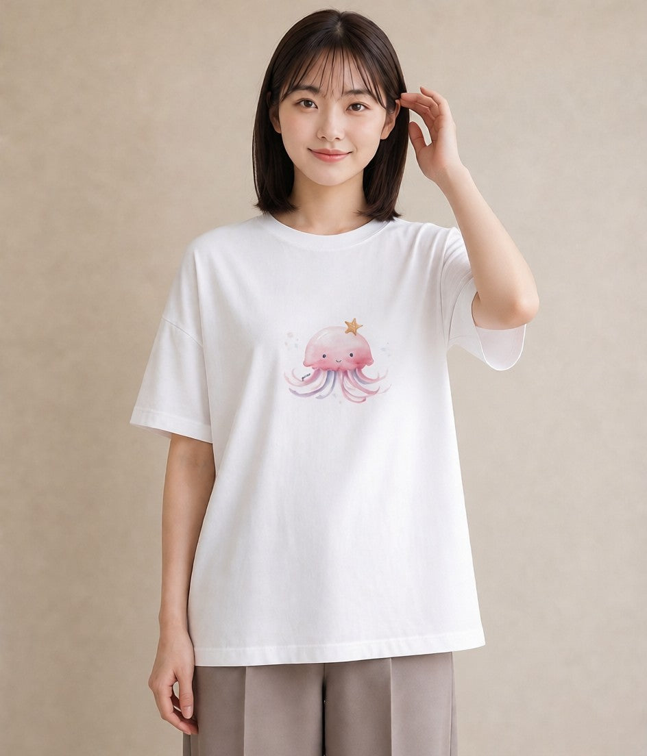 プリントTシャツ レディース くらげ クラゲ 海の生き物 海 イラスト 淡色 ビーチ デイリーウェア 白T YMAZO