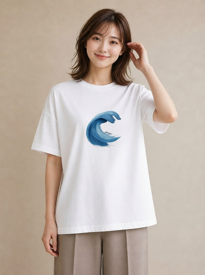 半袖Tシャツ レディース 波 星空 宇宙 イラスト 韓国風 週末コーデ 敬老の日 白T YMAZO